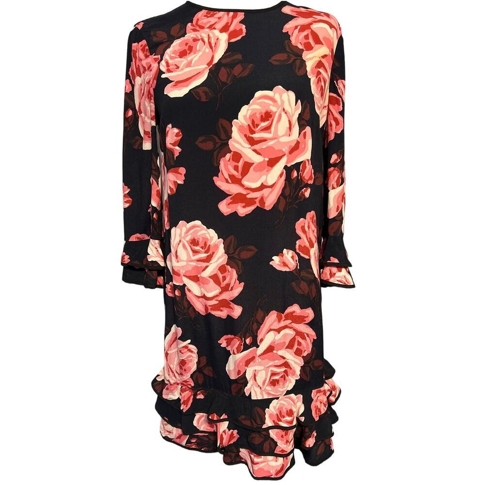 Kate Spade Dress Size XXS Black & Pink Rose Floral‎ Print Ruffle Hems